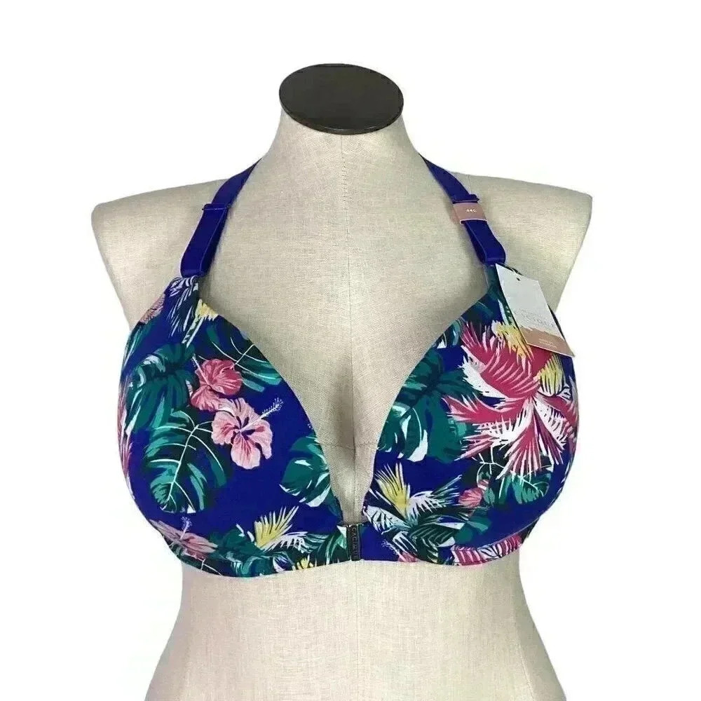 Cacique Bra Women 44C Blue Floral Boost Plunge Front Close Underwire NEW
